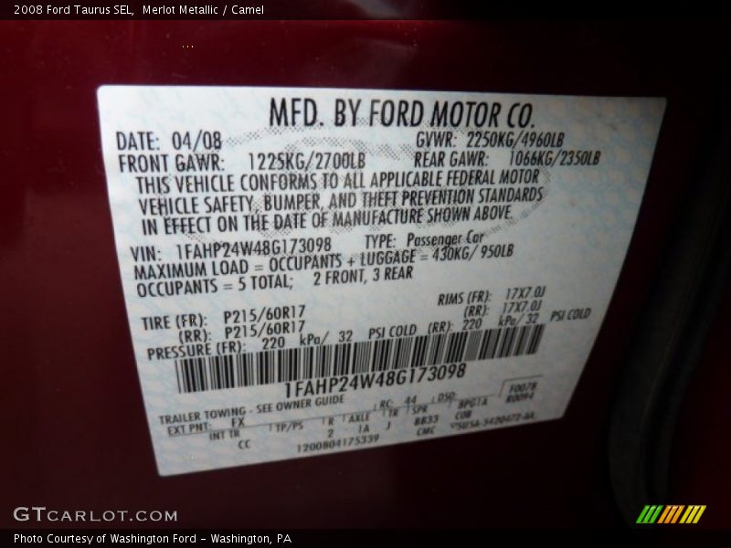 Merlot Metallic / Camel 2008 Ford Taurus SEL