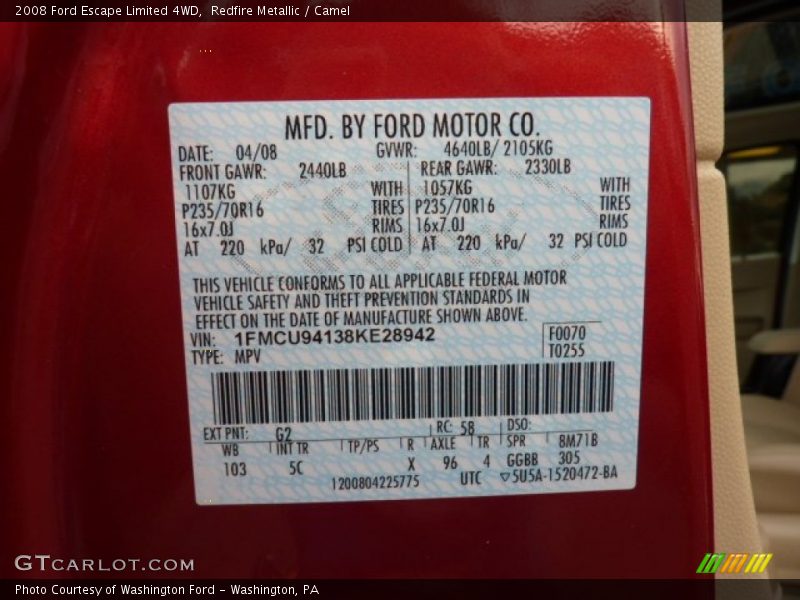 Redfire Metallic / Camel 2008 Ford Escape Limited 4WD