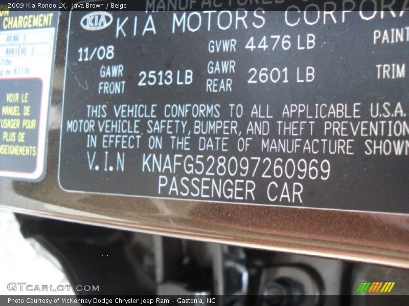 Java Brown / Beige 2009 Kia Rondo LX