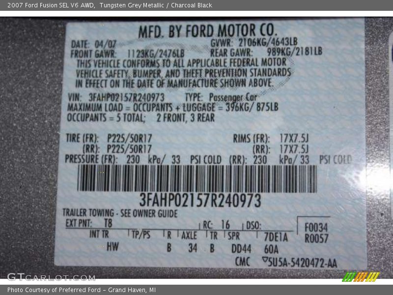 Tungsten Grey Metallic / Charcoal Black 2007 Ford Fusion SEL V6 AWD