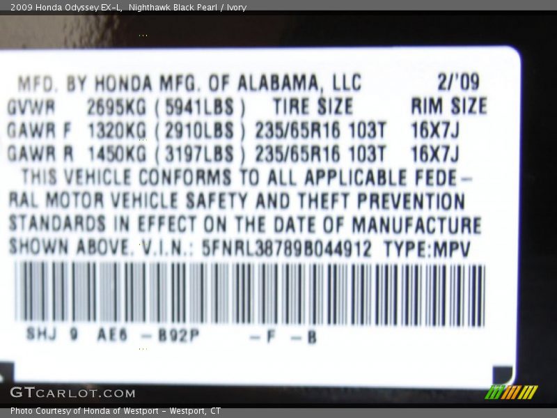 Nighthawk Black Pearl / Ivory 2009 Honda Odyssey EX-L