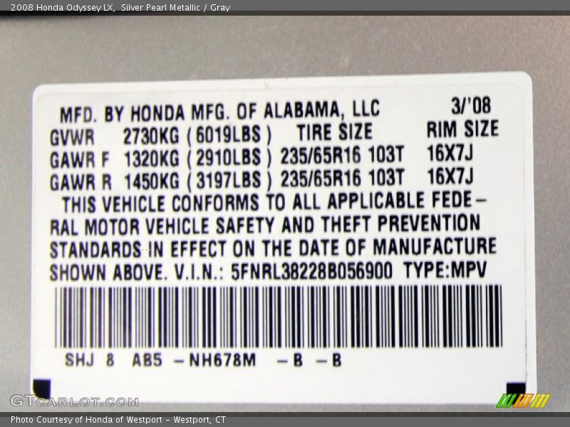 Silver Pearl Metallic / Gray 2008 Honda Odyssey LX