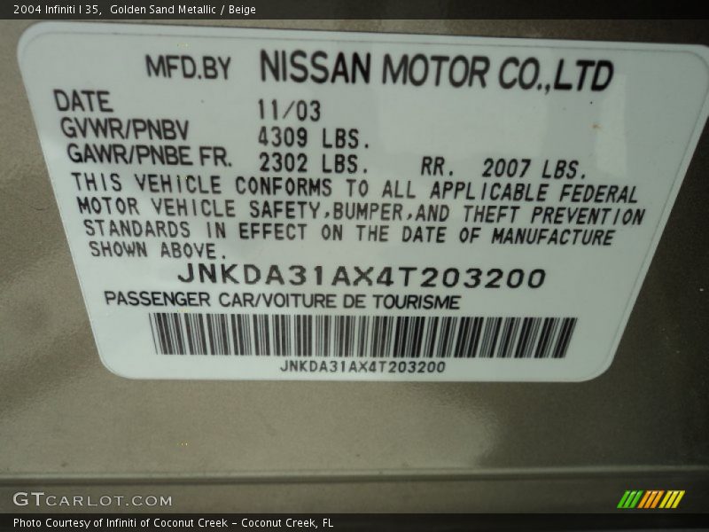 Golden Sand Metallic / Beige 2004 Infiniti I 35