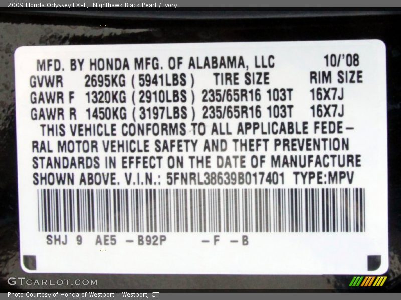 2009 Odyssey EX-L Nighthawk Black Pearl Color Code B92P