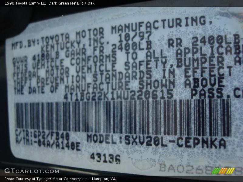 Dark Green Metallic / Oak 1998 Toyota Camry LE