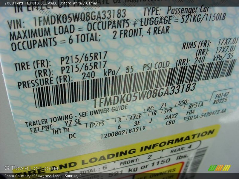Oxford White / Camel 2008 Ford Taurus X SEL AWD