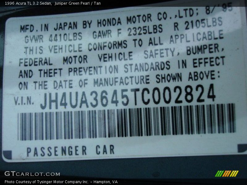 Info Tag of 1996 TL 3.2 Sedan