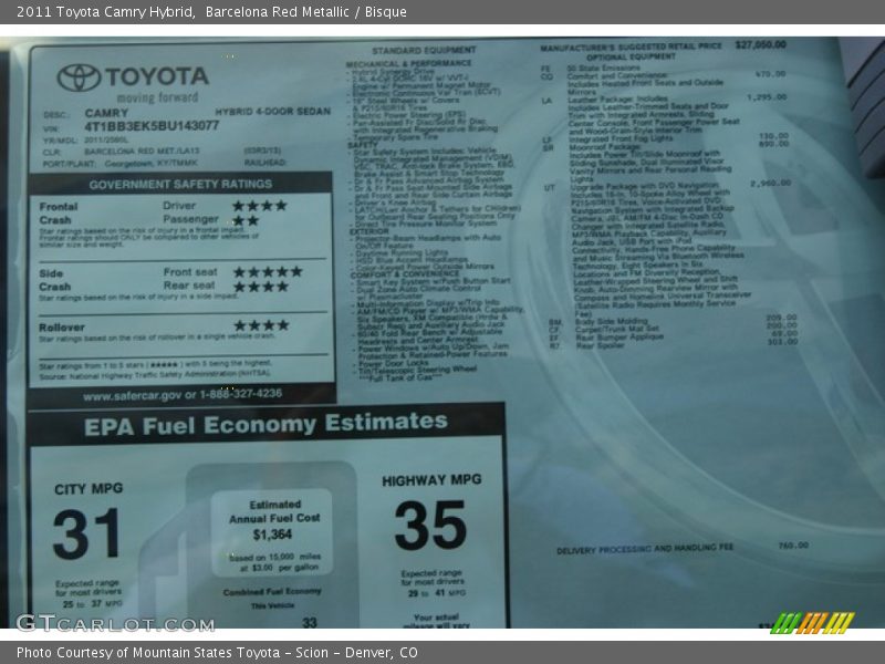 2011 Camry Hybrid Window Sticker