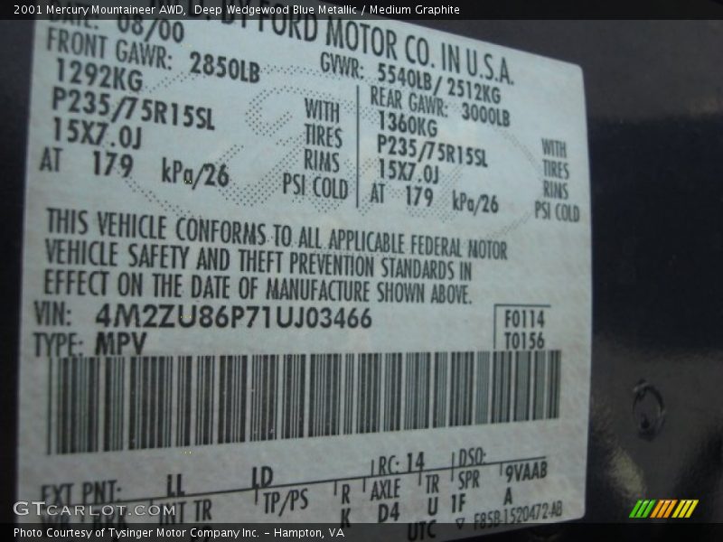 Deep Wedgewood Blue Metallic / Medium Graphite 2001 Mercury Mountaineer AWD