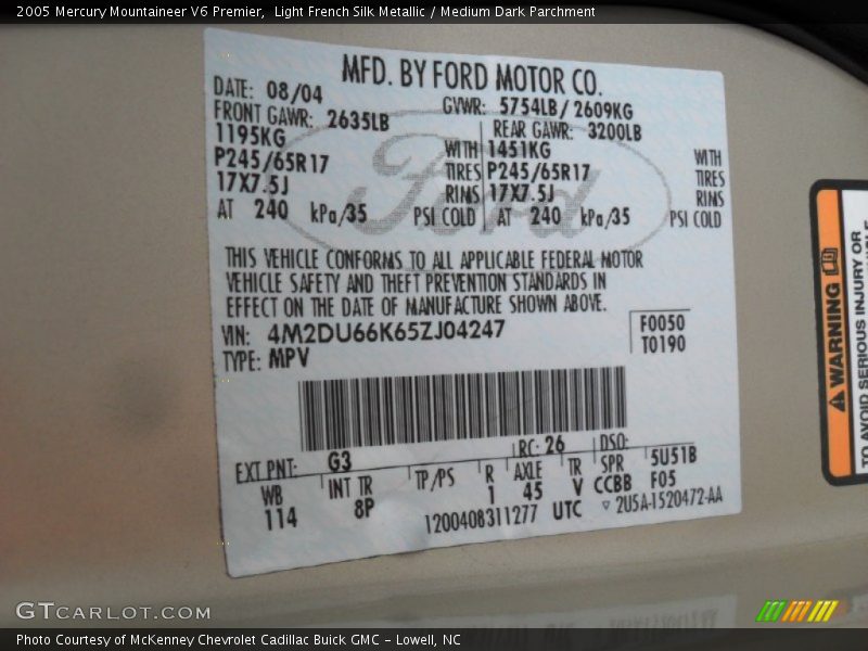 2005 Mountaineer V6 Premier Light French Silk Metallic Color Code G3