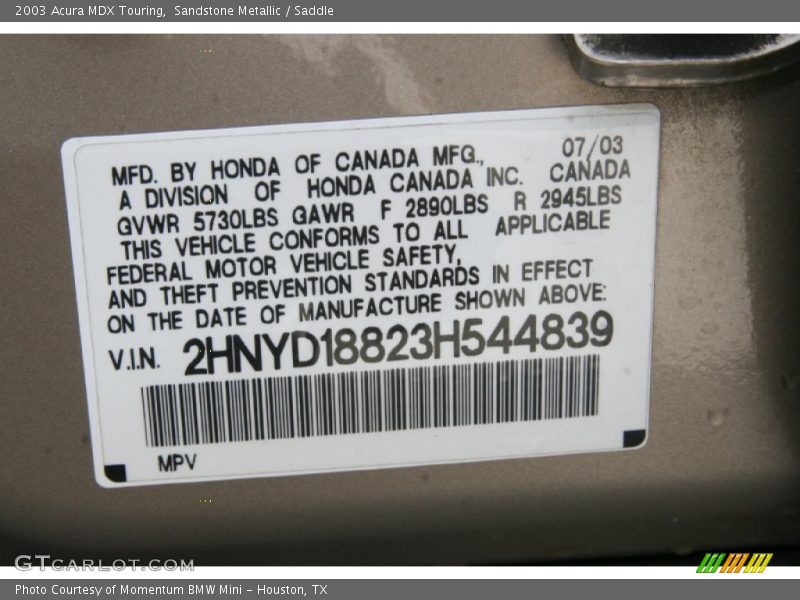 Sandstone Metallic / Saddle 2003 Acura MDX Touring