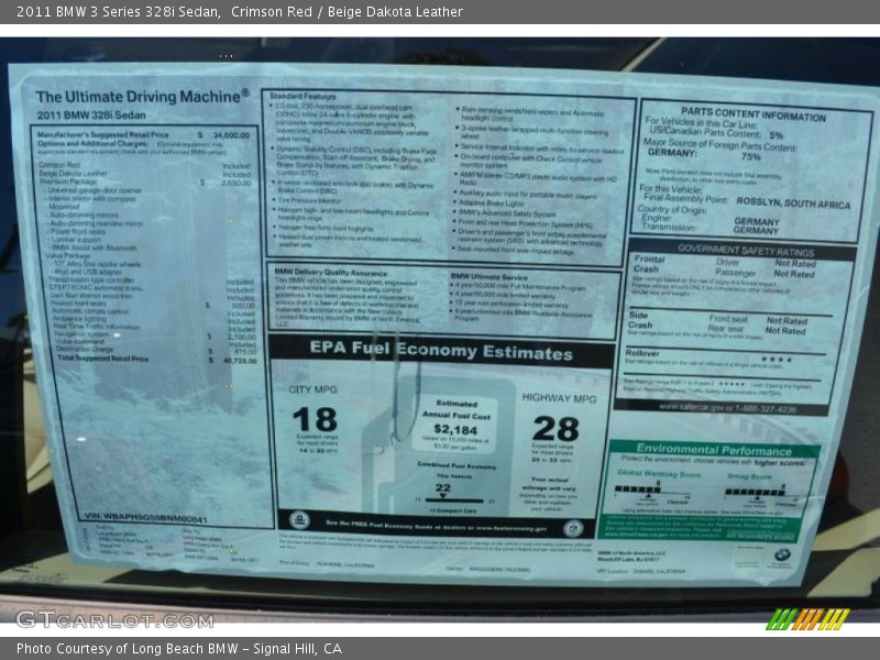  2011 3 Series 328i Sedan Window Sticker