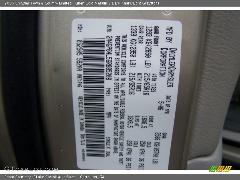 Linen Gold Metallic / Dark Khaki/Light Graystone 2006 Chrysler Town & Country Limited