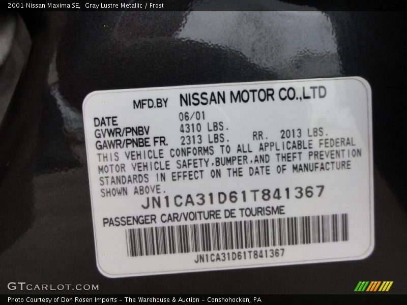 Gray Lustre Metallic / Frost 2001 Nissan Maxima SE