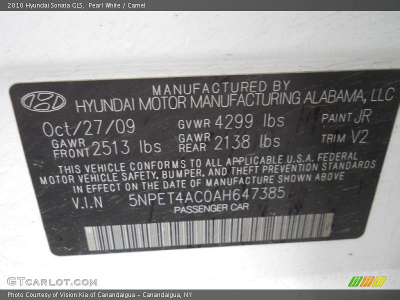 Pearl White / Camel 2010 Hyundai Sonata GLS