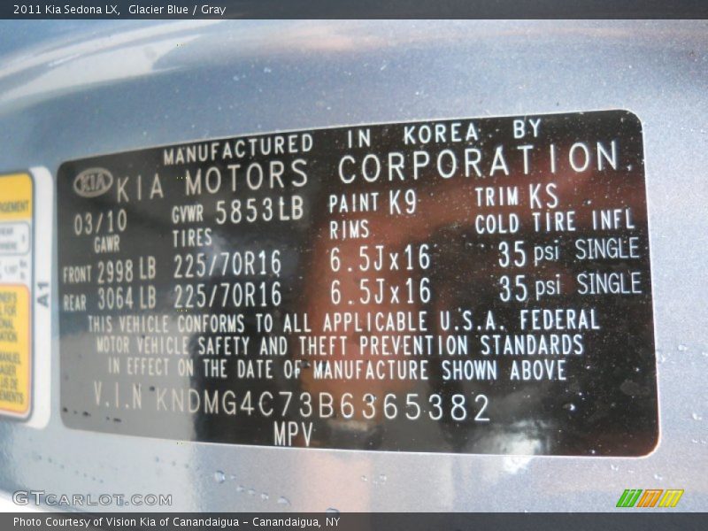 Glacier Blue / Gray 2011 Kia Sedona LX