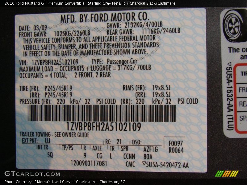2010 Mustang GT Premium Convertible Sterling Grey Metallic Color Code UJ