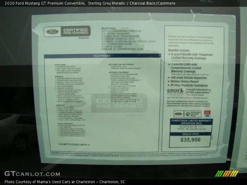 Sterling Grey Metallic / Charcoal Black/Cashmere 2010 Ford Mustang GT Premium Convertible