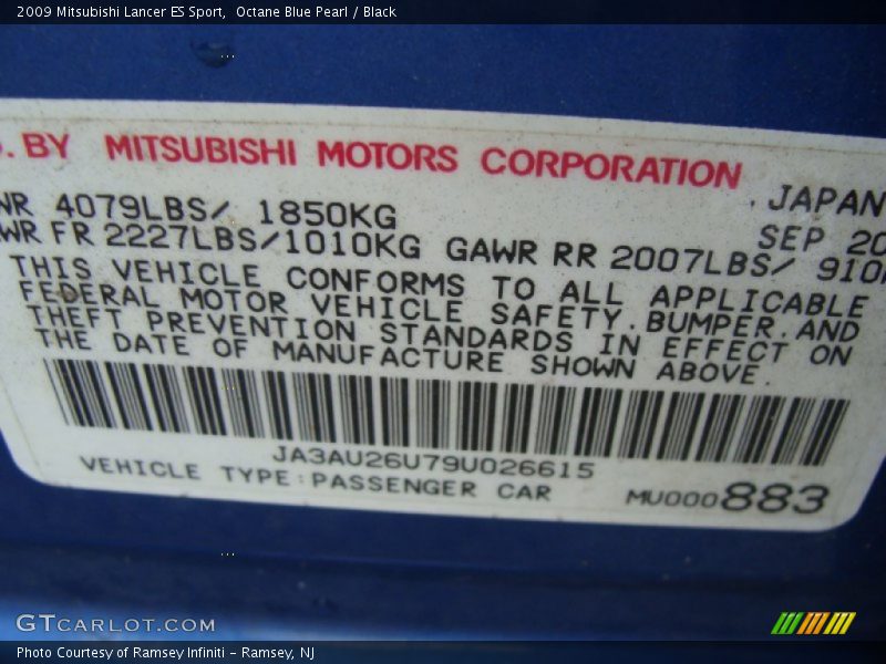 Octane Blue Pearl / Black 2009 Mitsubishi Lancer ES Sport