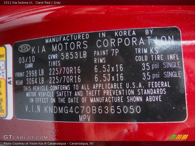 Claret Red / Gray 2011 Kia Sedona LX