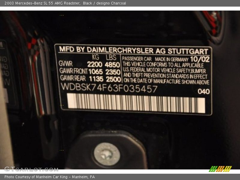 2003 SL 55 AMG Roadster Black Color Code 040