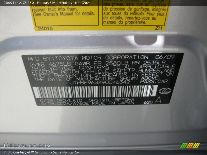 2009 GS 350 Mercury Silver Metallic Color Code 1F2