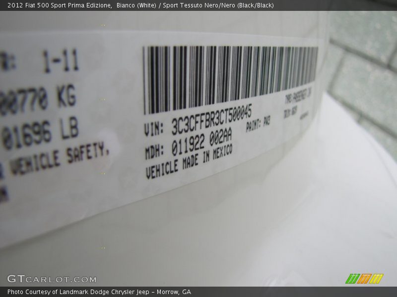2012 500 Sport Prima Edizione Bianco (White) Color Code PW3
