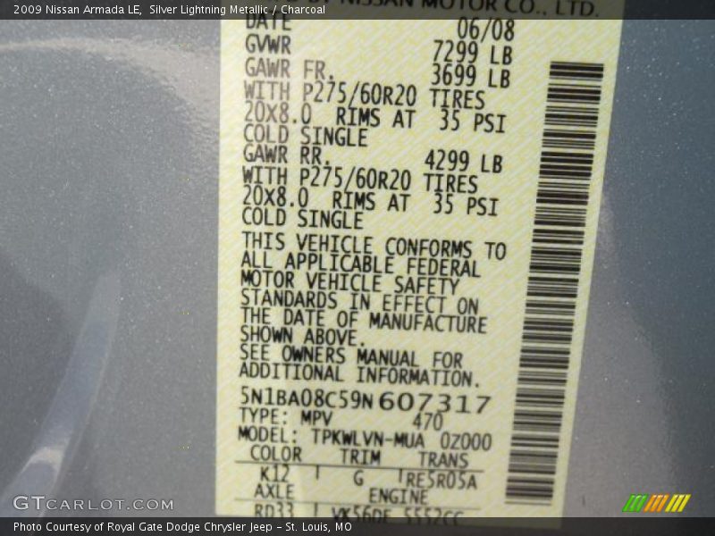 Silver Lightning Metallic / Charcoal 2009 Nissan Armada LE