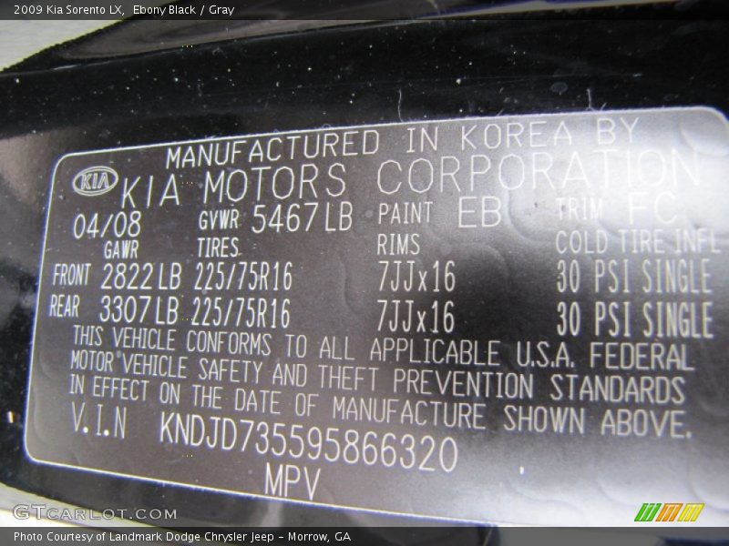 2009 Sorento LX Ebony Black Color Code EB