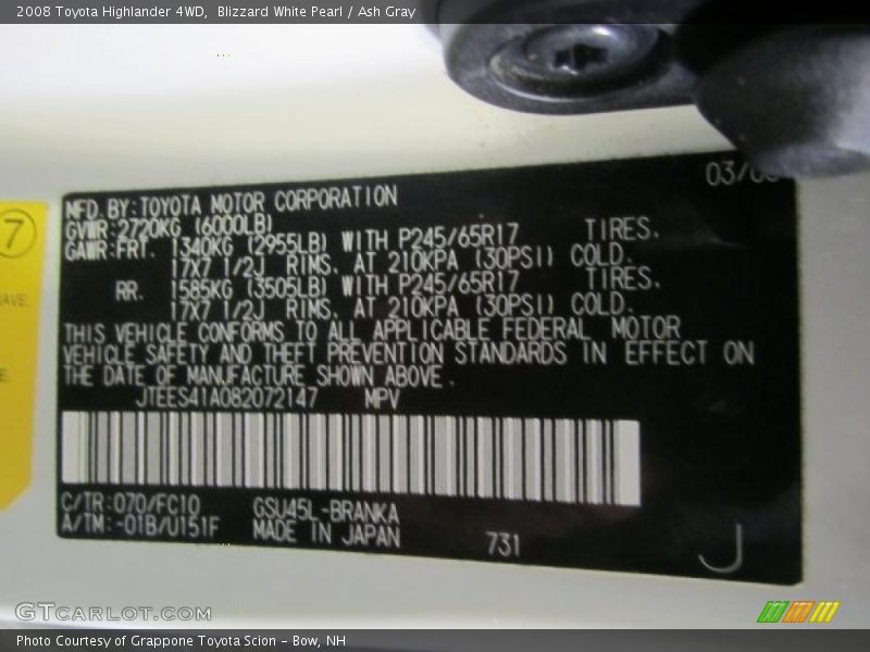 Blizzard White Pearl / Ash Gray 2008 Toyota Highlander 4WD