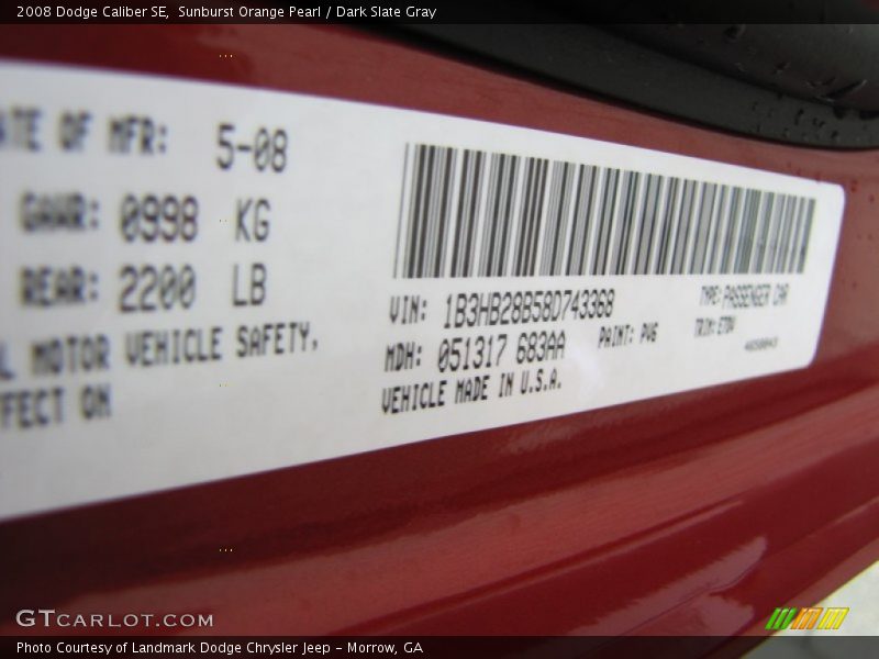 Sunburst Orange Pearl / Dark Slate Gray 2008 Dodge Caliber SE