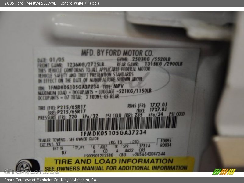 2005 Freestyle SEL AWD Oxford White Color Code YZ