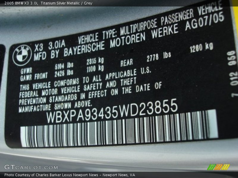 Titanium Silver Metallic / Grey 2005 BMW X3 3.0i