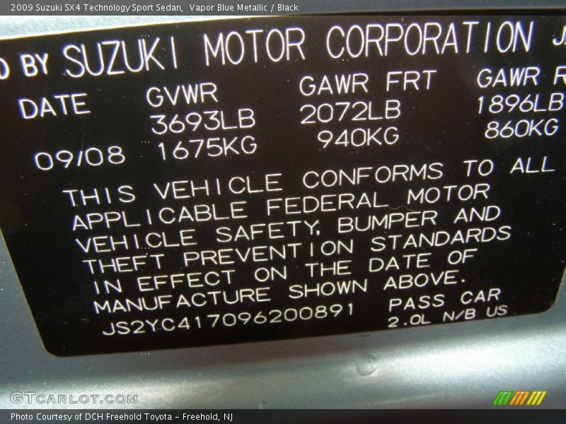 Vapor Blue Metallic / Black 2009 Suzuki SX4 Technology Sport Sedan