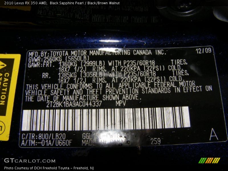 Black Sapphire Pearl / Black/Brown Walnut 2010 Lexus RX 350 AWD