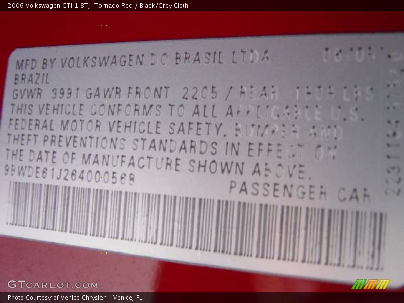 Tornado Red / Black/Grey Cloth 2006 Volkswagen GTI 1.8T
