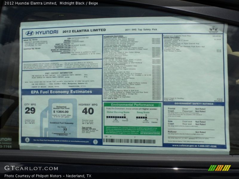  2012 Elantra Limited Window Sticker