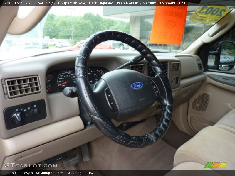 Dark Highland Green Metallic / Medium Parchment Beige 2003 Ford F250 Super Duty XLT SuperCab 4x4
