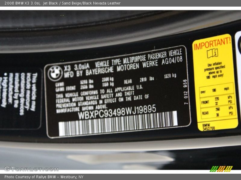 Jet Black / Sand Beige/Black Nevada Leather 2008 BMW X3 3.0si