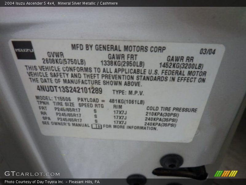 Mineral Silver Metallic / Cashmere 2004 Isuzu Ascender S 4x4