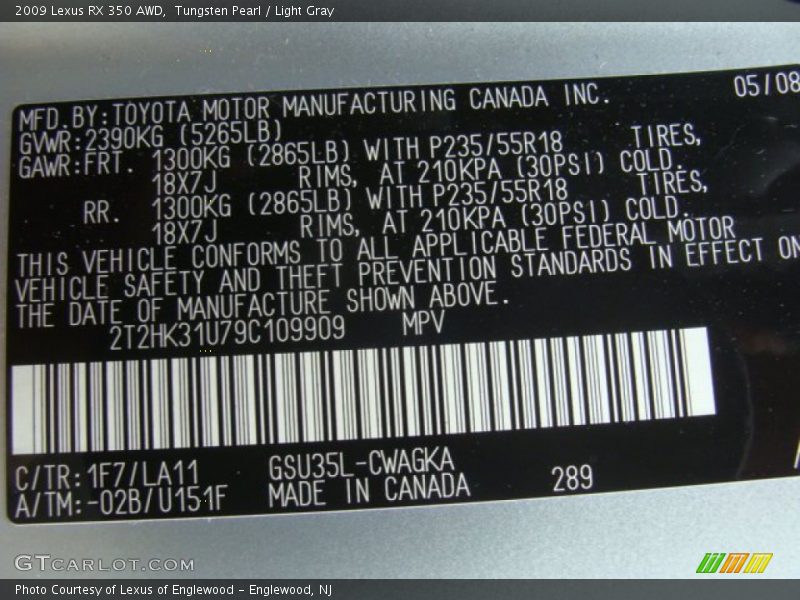 Tungsten Pearl / Light Gray 2009 Lexus RX 350 AWD
