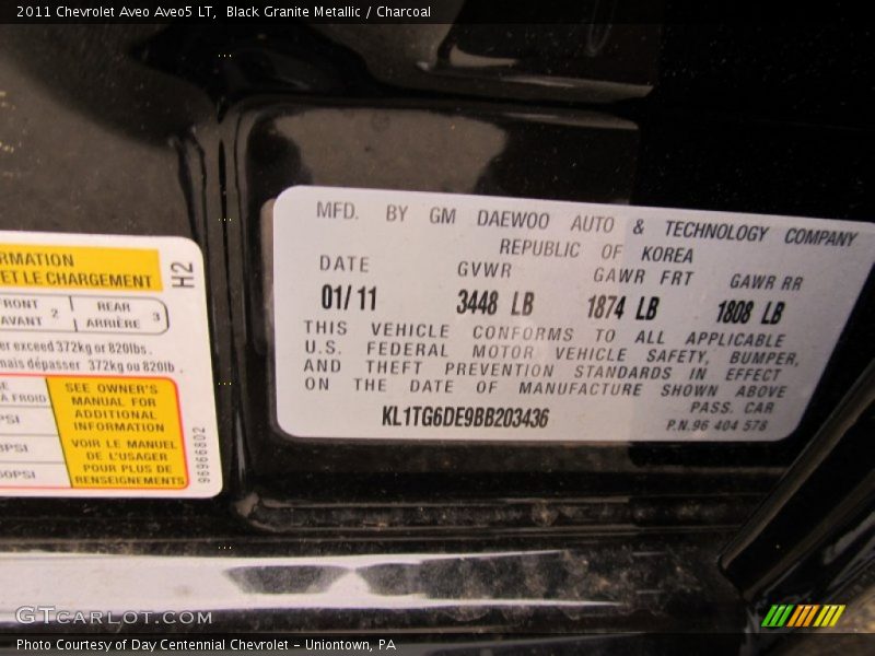 Info Tag of 2011 Aveo Aveo5 LT