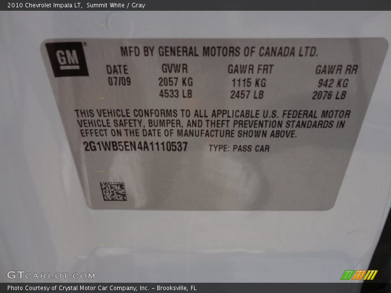 Summit White / Gray 2010 Chevrolet Impala LT
