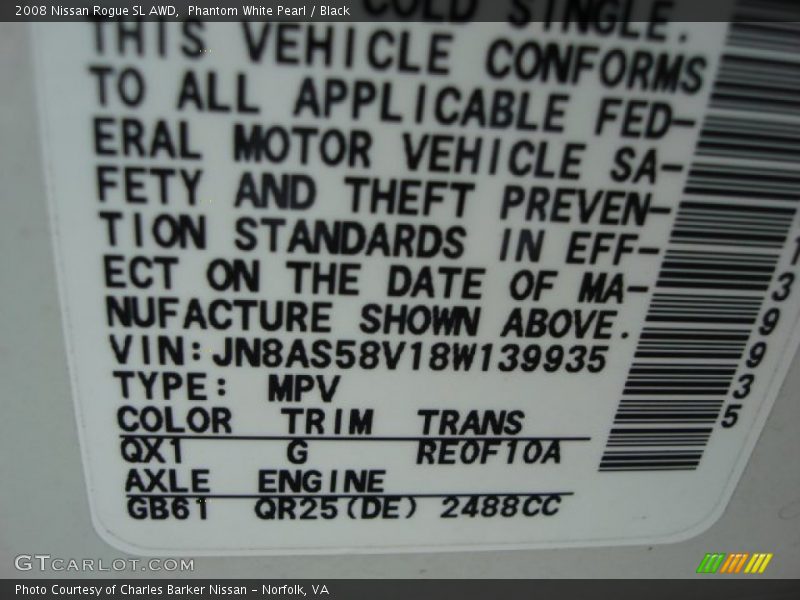 Phantom White Pearl / Black 2008 Nissan Rogue SL AWD
