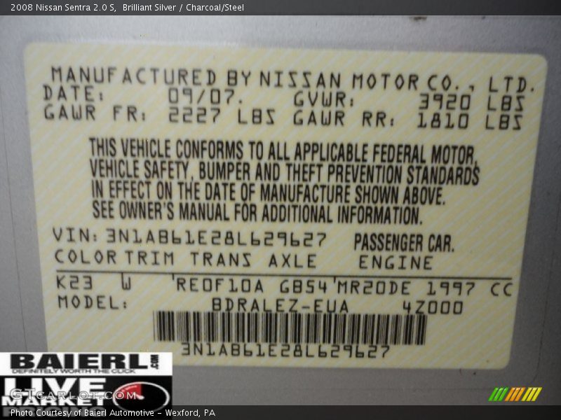 Brilliant Silver / Charcoal/Steel 2008 Nissan Sentra 2.0 S