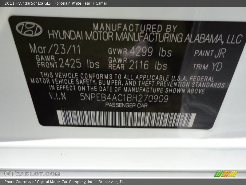 Porcelain White Pearl / Camel 2011 Hyundai Sonata GLS