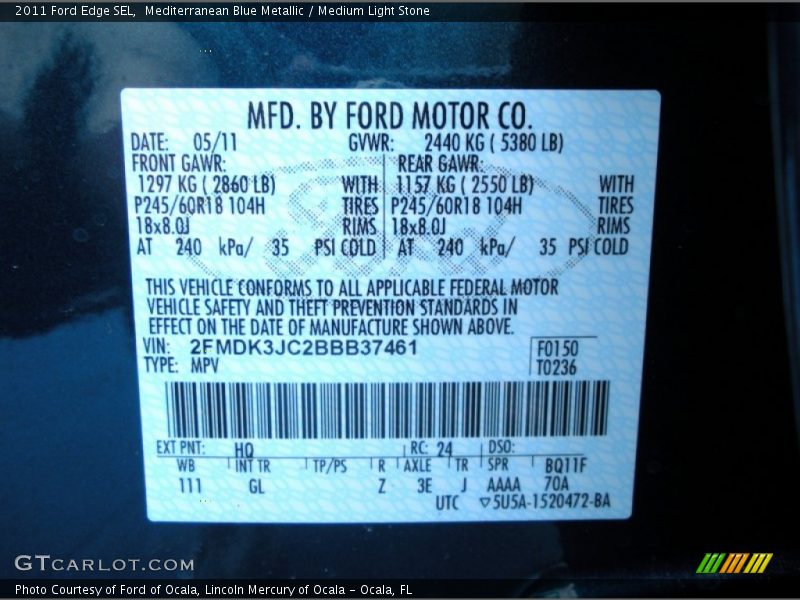 2011 Edge SEL Mediterranean Blue Metallic Color Code HQ