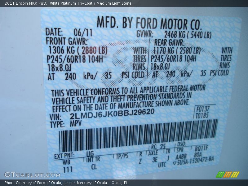 White Platinum Tri-Coat / Medium Light Stone 2011 Lincoln MKX FWD
