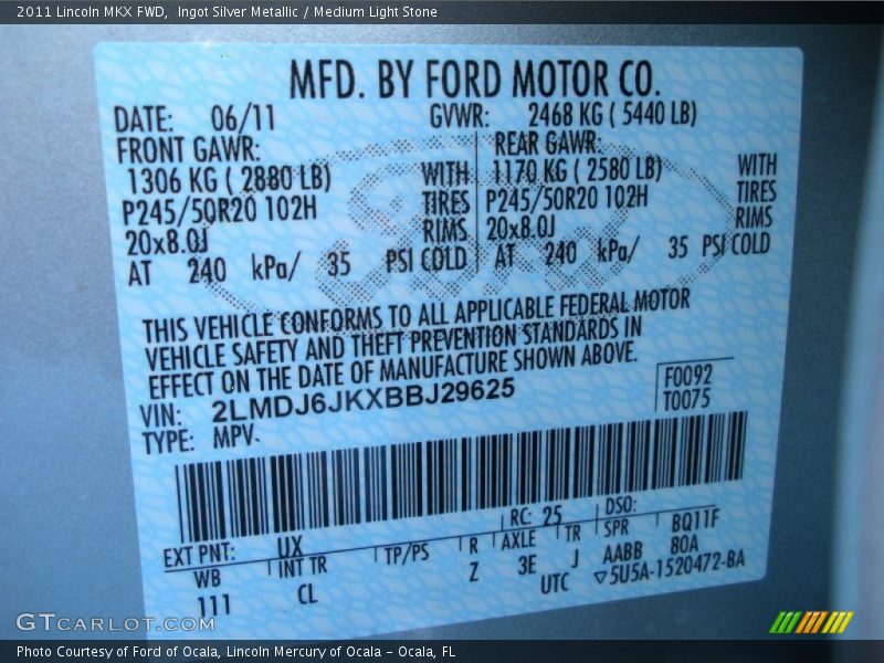 Ingot Silver Metallic / Medium Light Stone 2011 Lincoln MKX FWD