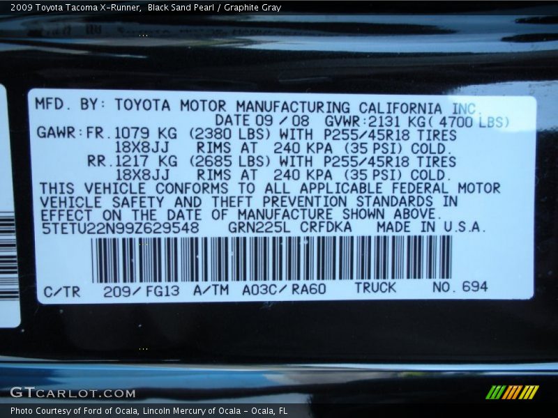 2009 Tacoma X-Runner Black Sand Pearl Color Code 209